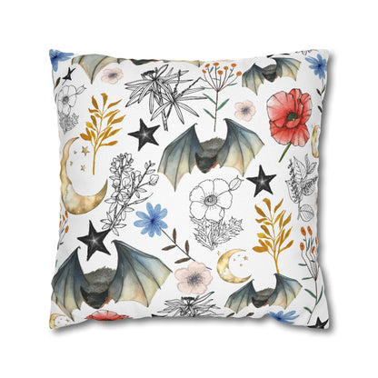 Botanical Night Bat Pillowcase — Floral Moon & Stars Throw Pillow Cover