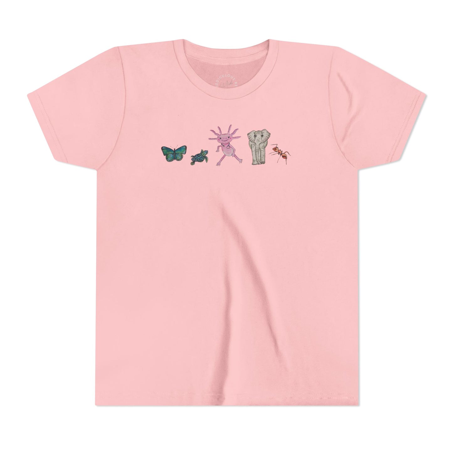 Youth Tee — Whimsical Critters (butterfly, ant, axolotl, elephant)