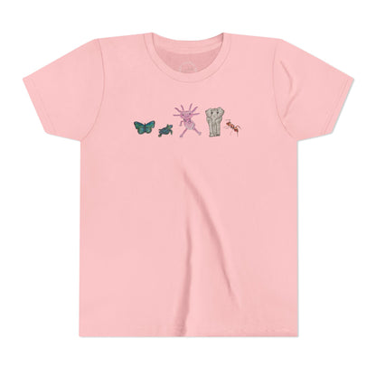 Youth Tee — Whimsical Critters (butterfly, ant, axolotl, elephant)