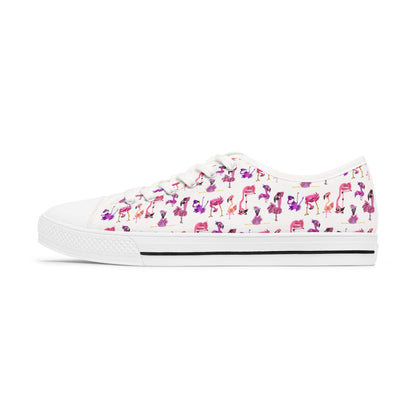 Women's Low Top Sneakers — White Backed Pink Flamingo Pattern Casual Canvas Shoes