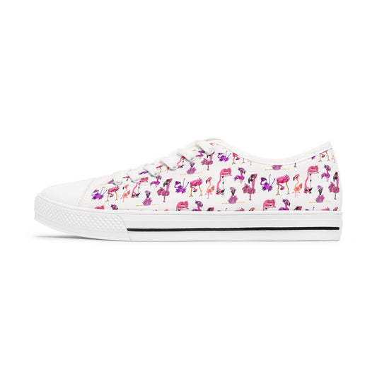 Women's Low Top Sneakers — White Backed Pink Flamingo Pattern Casual Canvas Shoes
