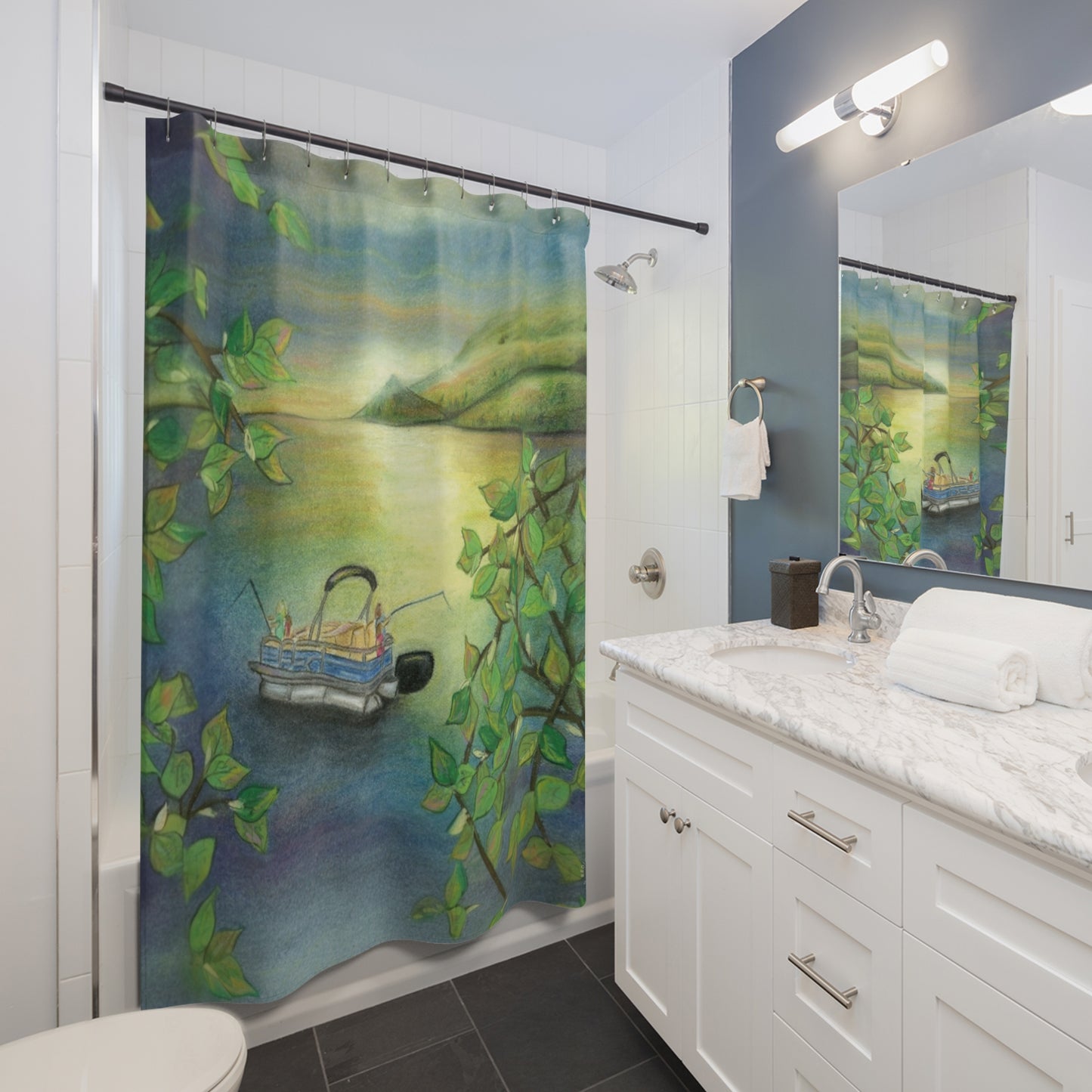 Lakefront Boat Shower Curtain — Peaceful Green Lake Scene Bathroom Decor