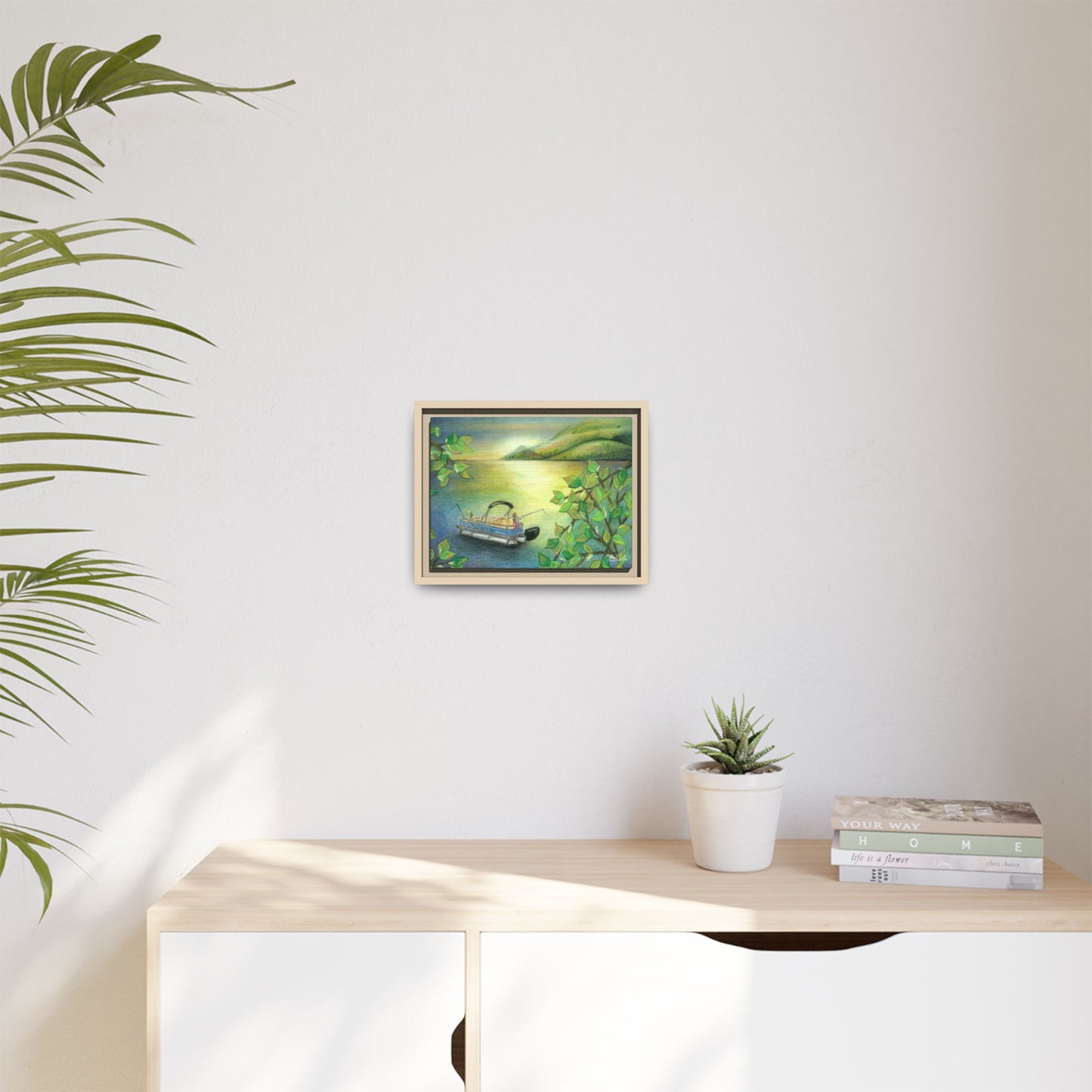 Pontoon Boat on Lake Framed Wall Art