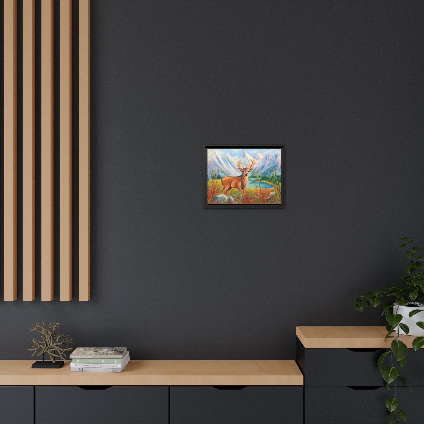 Framed Canvas Wall Art — Majestic Deer in Mountain Meadow
