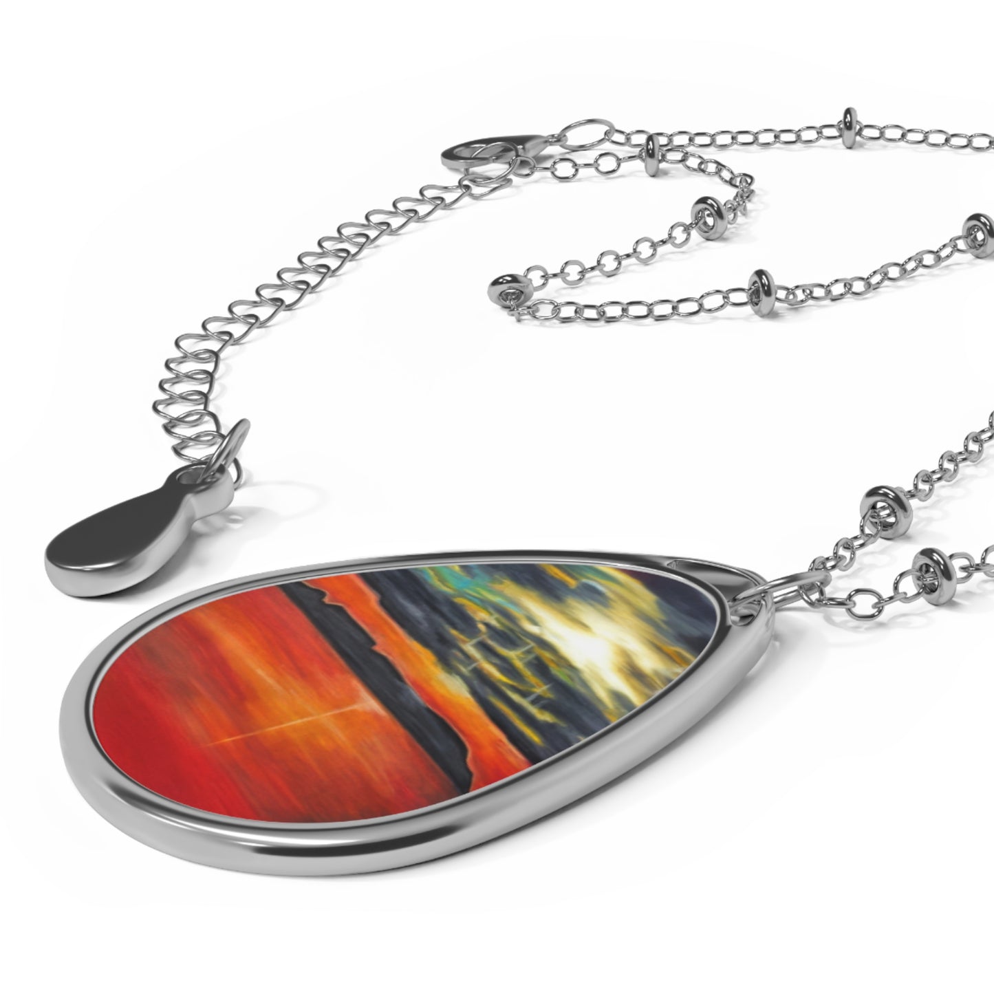 Silver Oval Pendant Necklace with Hand-painted Sleeping Giant Sunset Art