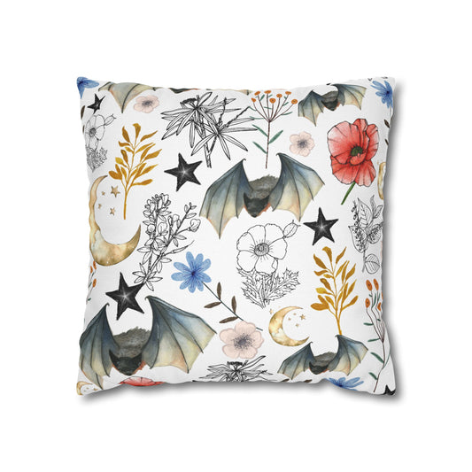 Botanical Night Bat Pillowcase — Floral Moon & Stars Throw Pillow Cover