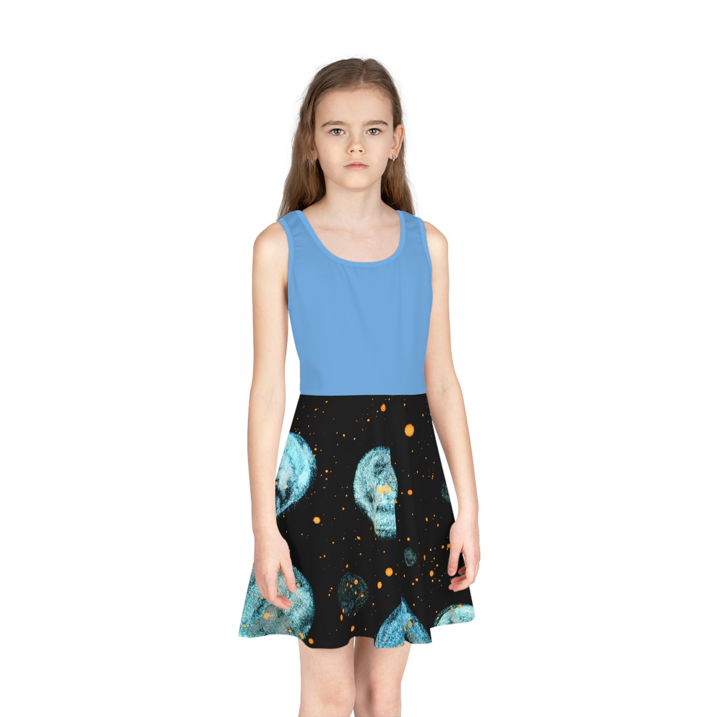 Light Blue Top Little Blue Planets Galaxy Girls' Sleeveless Sundress (AOP)