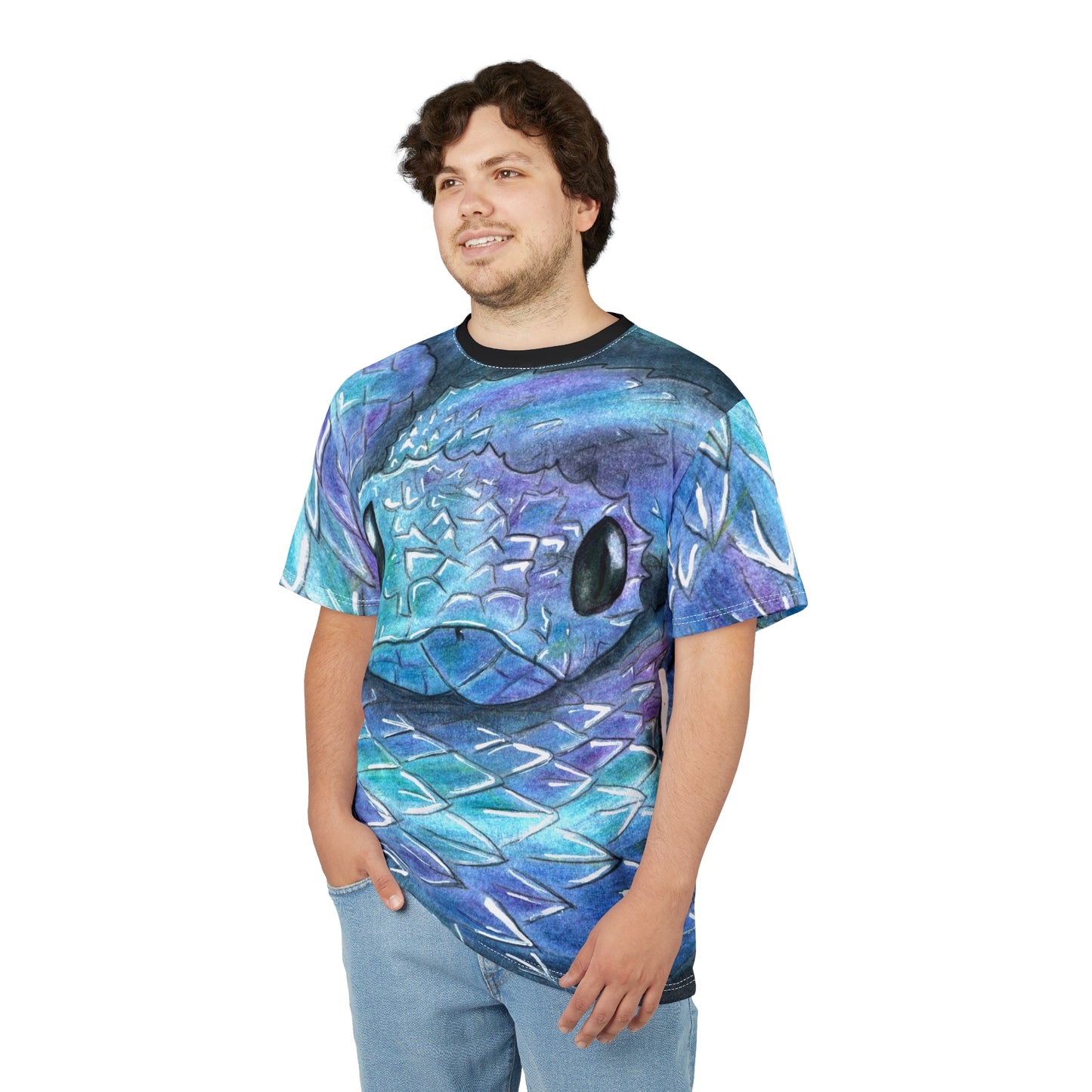 Blue Serpent All-Over Print Tee — Water Snake Face Design