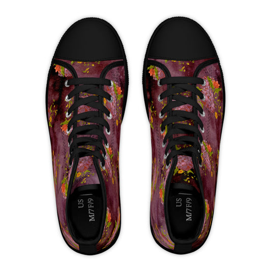 Floral Burgundy High Top Sneakers — Women's Artistic Rose Pattern