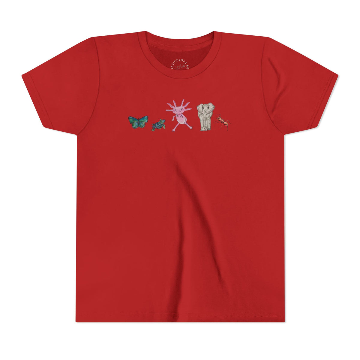 Youth Tee — Whimsical Critters (butterfly, ant, axolotl, elephant)