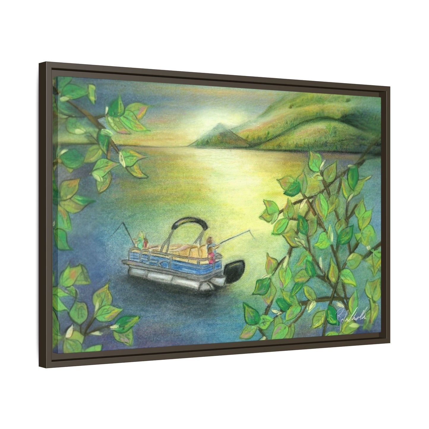 Pontoon Boat on Lake Framed Wall Art