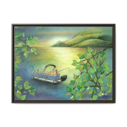 Pontoon Boat on Lake Framed Wall Art