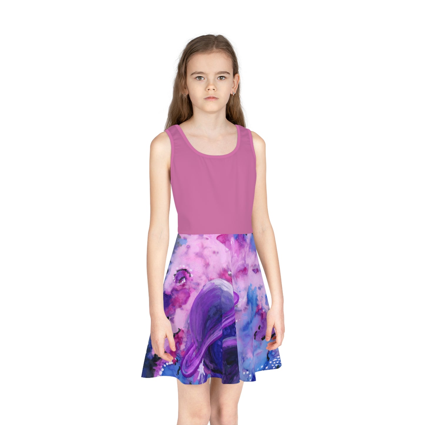 Light Pink Top Purple Galaxy Girls' Sleeveless Sundress (AOP)