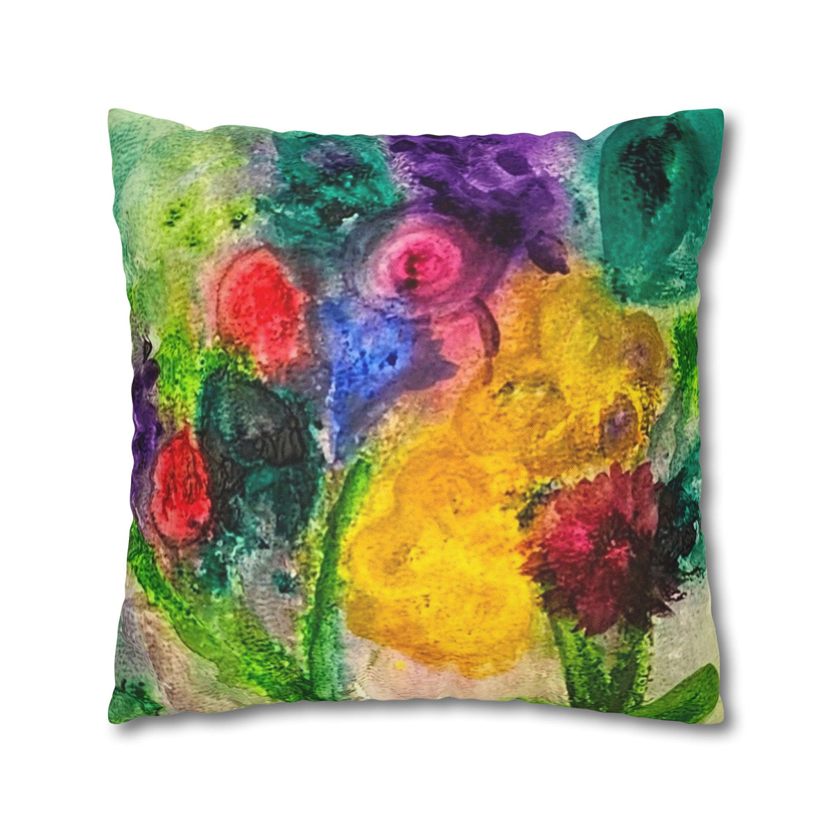 Abstract Floral Pillowcase - Colorful Watercolor Garden Throw Pillow