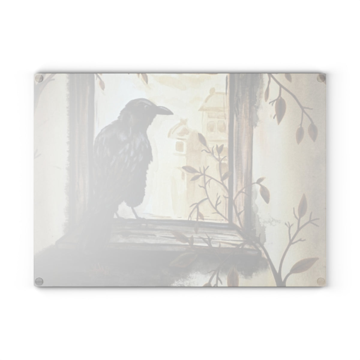 Raven Window Glass Cutting Board — Gothic Kitchen Decorative Chopping Board