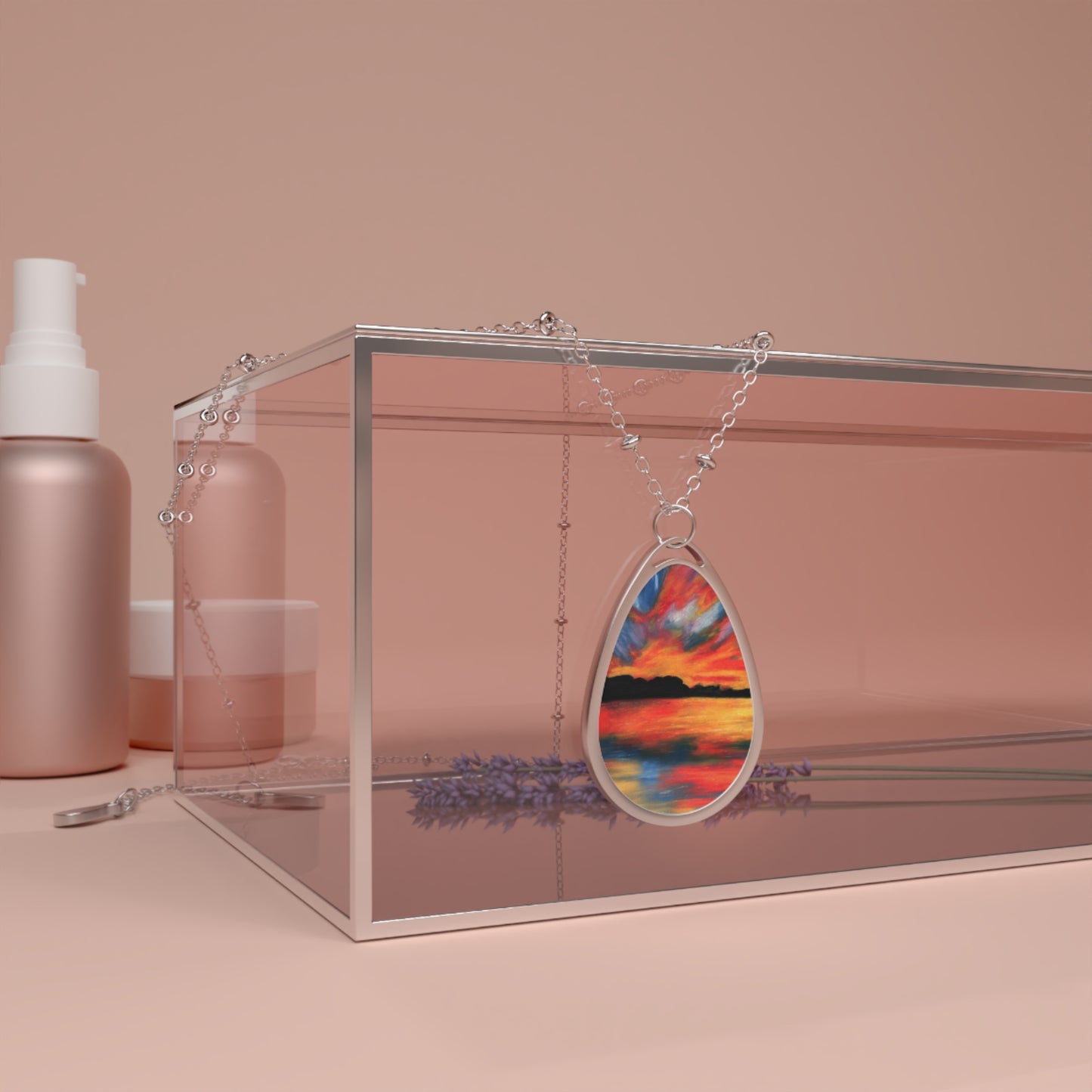 Silver Oval Pendant Necklace with Hand-painted Boho Sunset Lake Nature Art