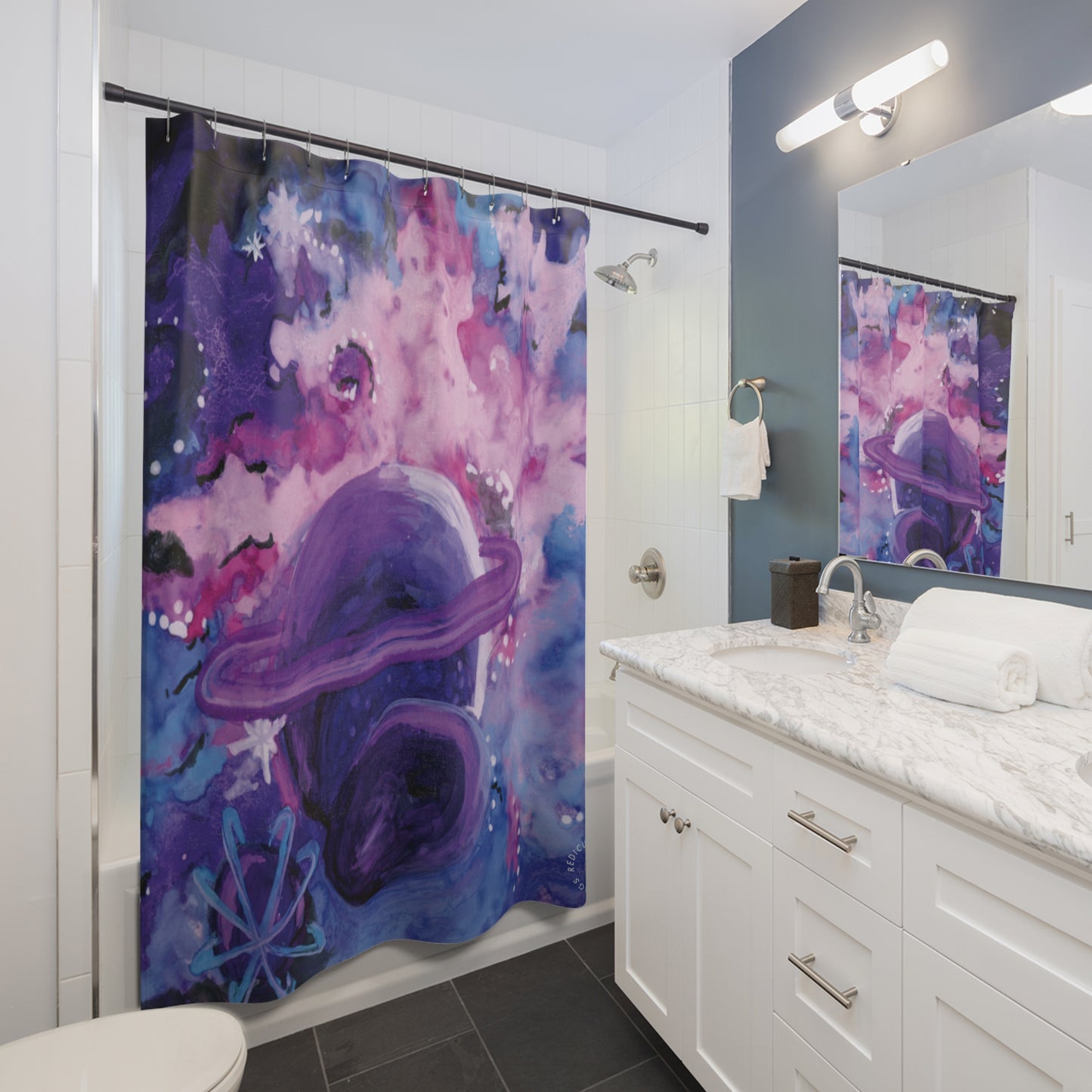 Purple Galaxy Shower Curtains for Home Bathroom with Durable One-Sided Print and Waterproof Polyester Material