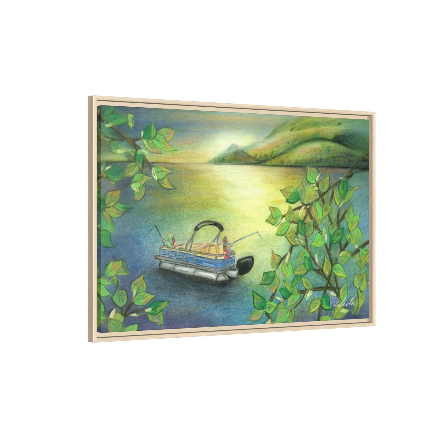 Pontoon Boat on Lake Framed Wall Art