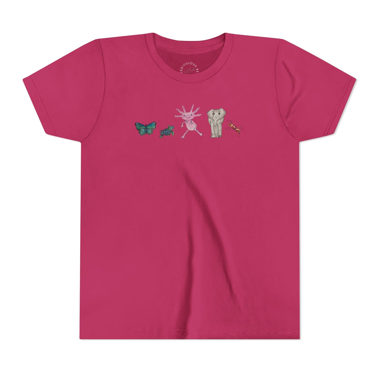Youth Tee — Whimsical Critters (butterfly, ant, axolotl, elephant)