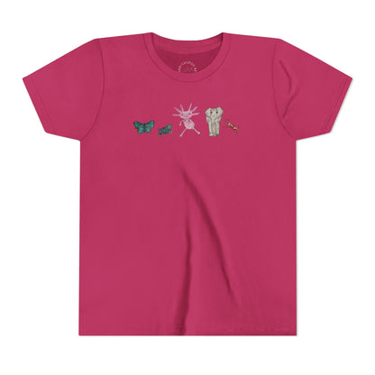 Youth Tee — Whimsical Critters (butterfly, ant, axolotl, elephant)