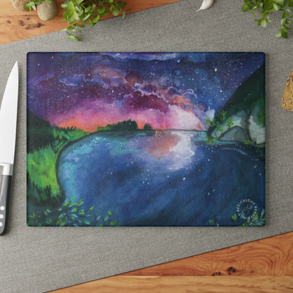 Glass Cutting Board - Aurora Lake Nightscape Art