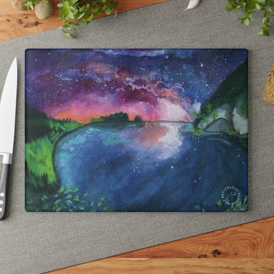 Glass Cutting Board - Aurora Lake Nightscape Art