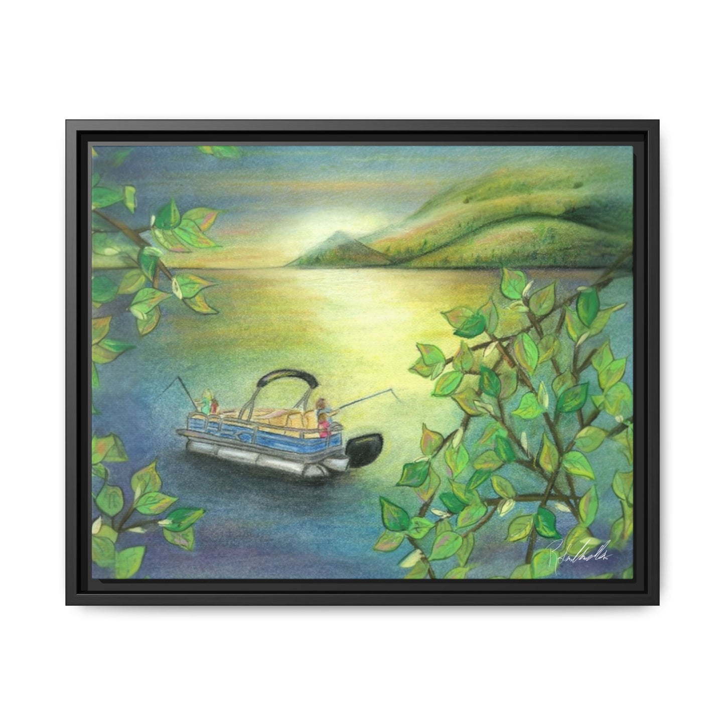 Pontoon Boat on Lake Framed Wall Art