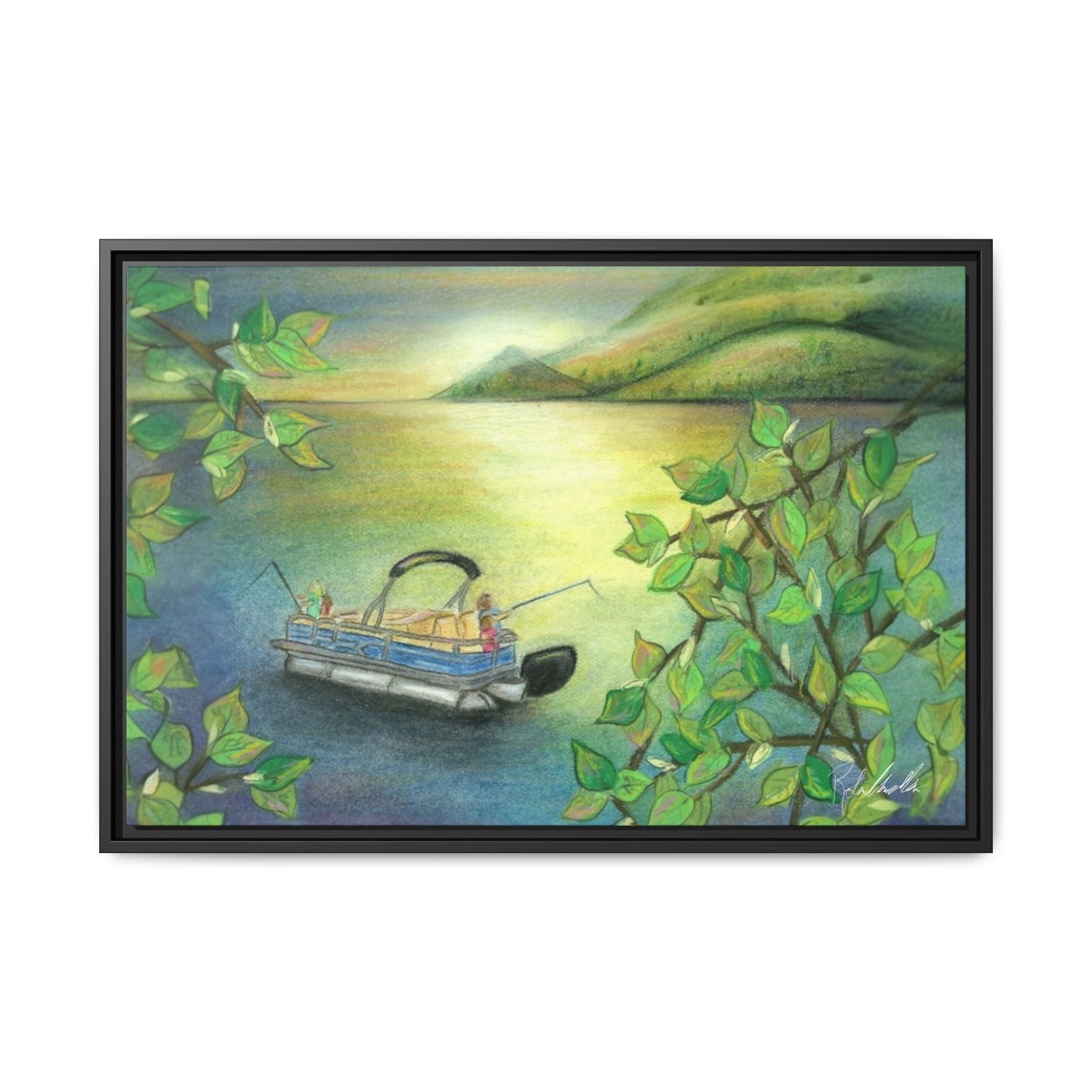 Pontoon Boat on Lake Framed Wall Art