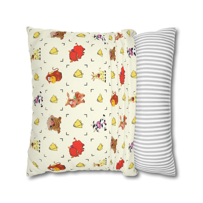 Cute Farm Animal Pattern Square Pillowcase – Whimsical Chick, Pig & Cow Throw Pillow Cover