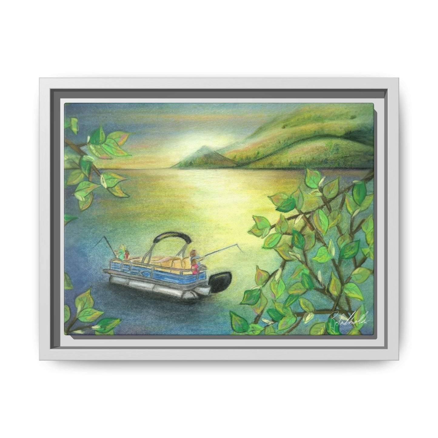 Pontoon Boat on Lake Framed Wall Art