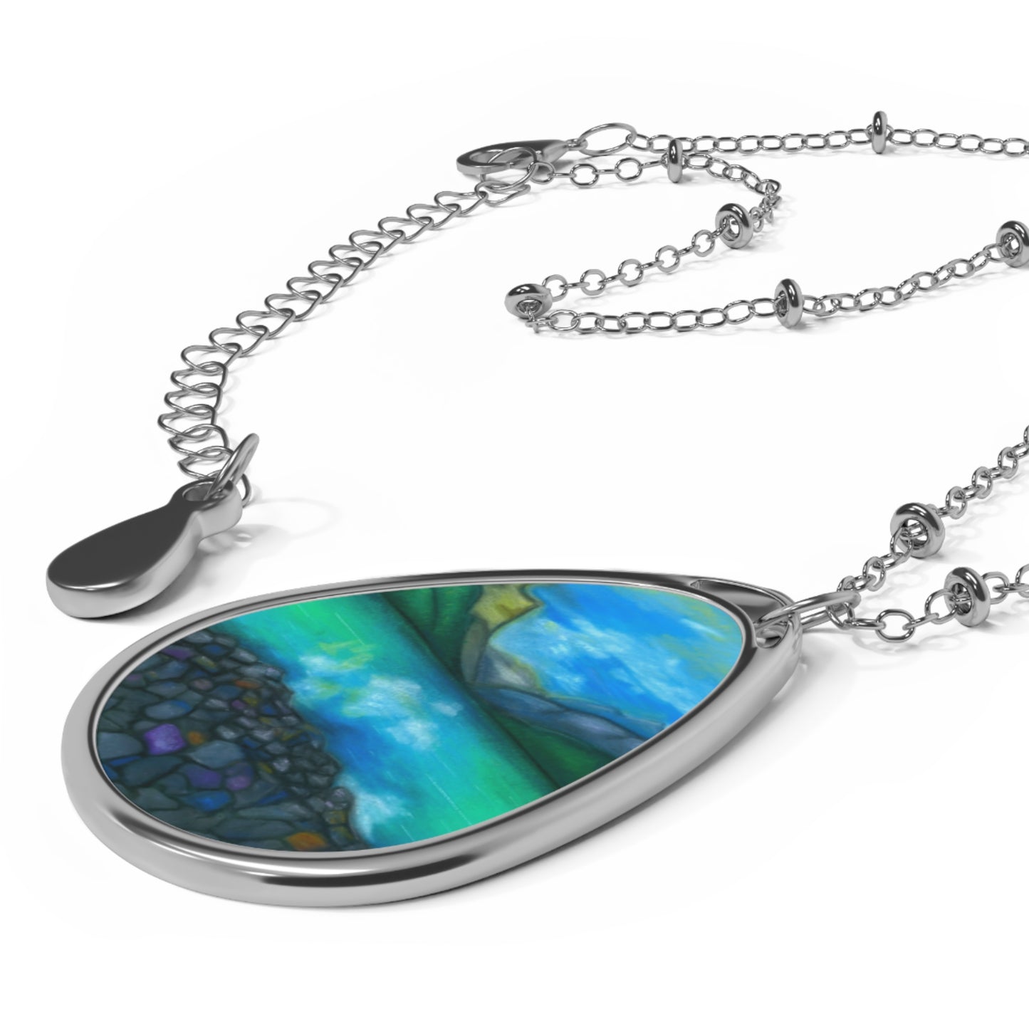 Silver Oval Pendant Necklace with Hand-painted Teal Mountain Lake Nature Art