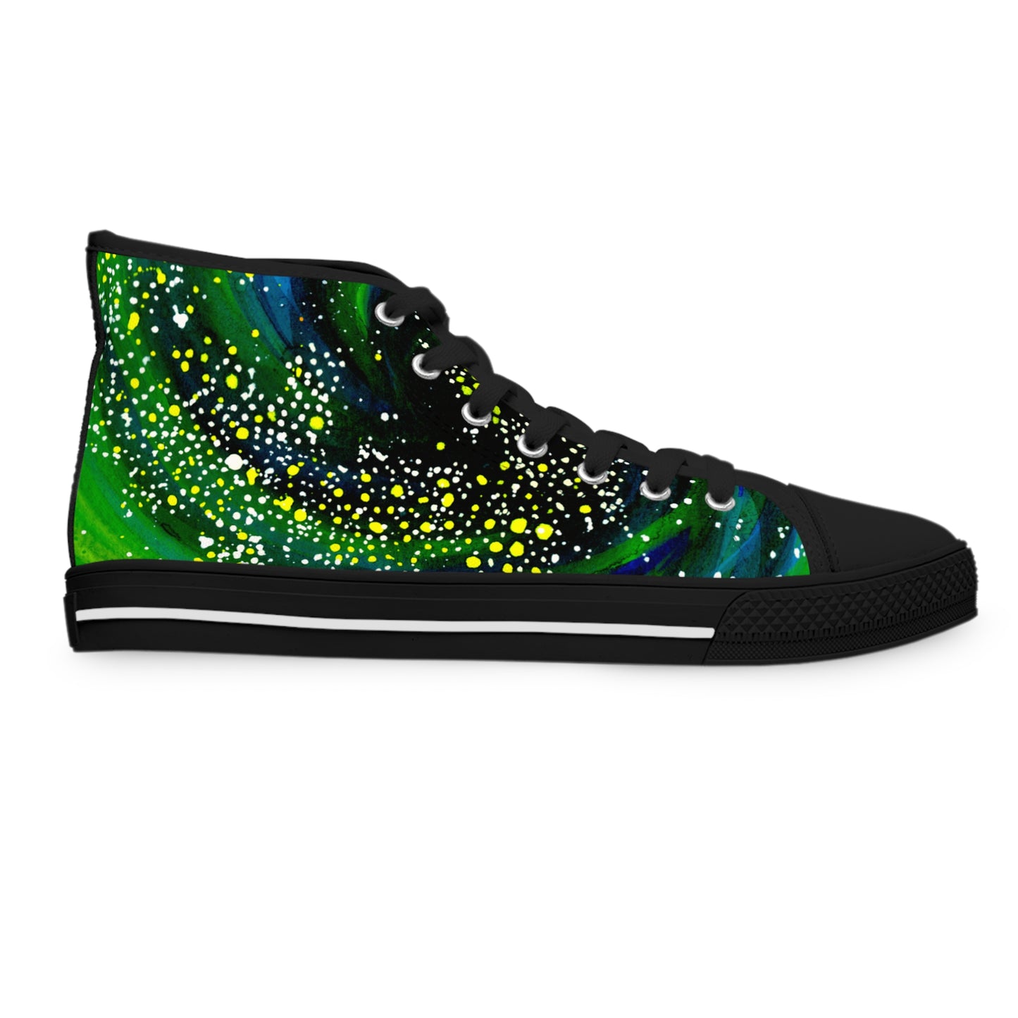 Galaxy Green Women's High-Top Sneakers — Cosmic Swirl Design