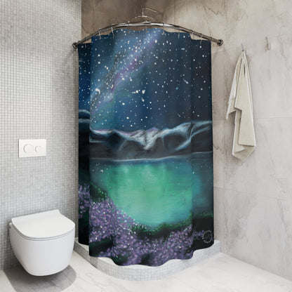 Northern Lights Lake Shower Curtain — Starry Night Aurora Bathroom Decor