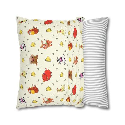 Cute Farm Animal Pattern Square Pillowcase – Whimsical Chick, Pig & Cow Throw Pillow Cover