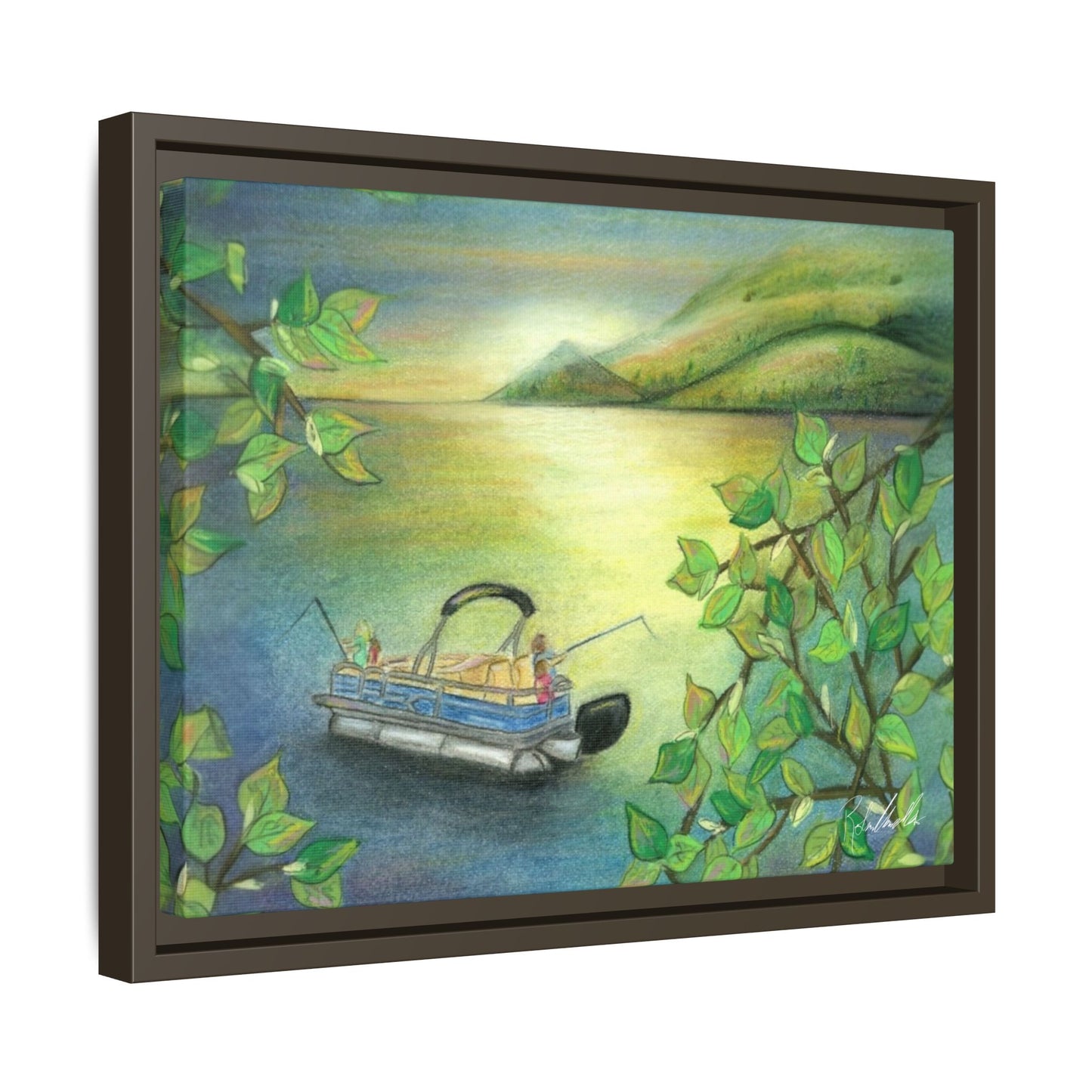 Pontoon Boat on Lake Framed Wall Art