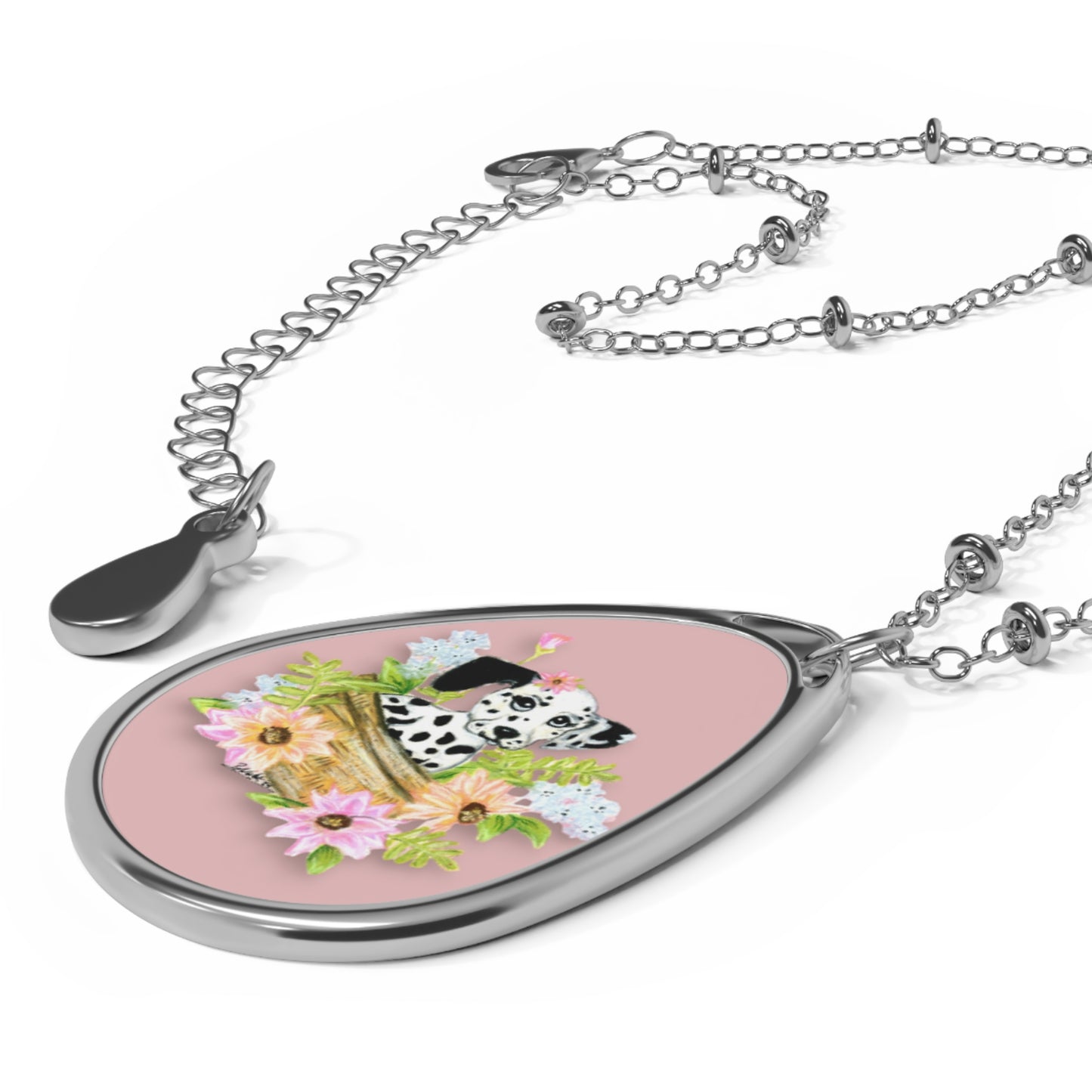 Puppy Dog and Flowers Oval Necklace