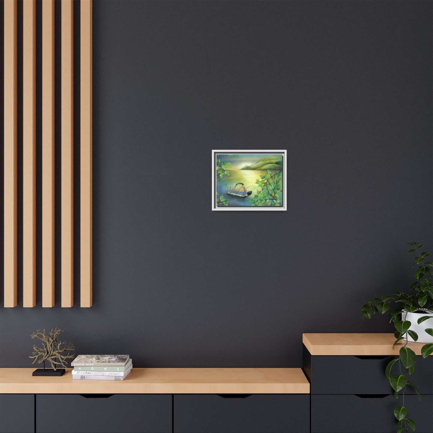 Pontoon Boat on Lake Framed Wall Art