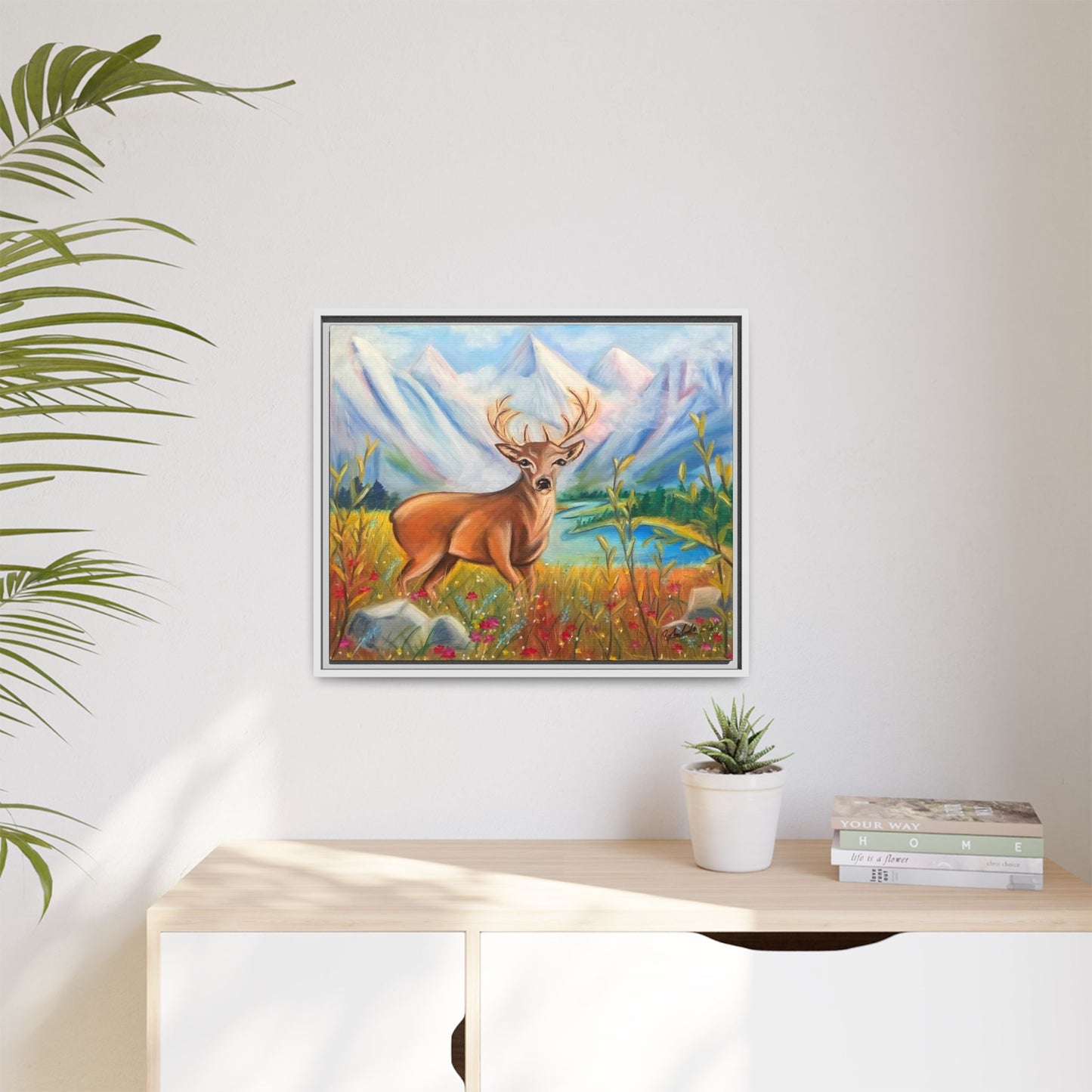 Framed Canvas Wall Art — Majestic Deer in Mountain Meadow