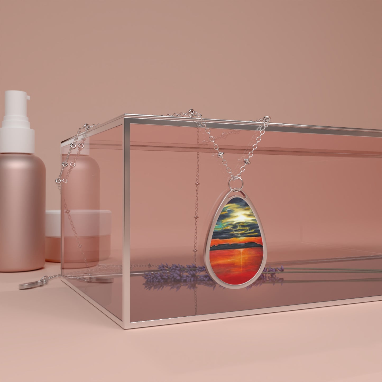 Silver Oval Pendant Necklace with Hand-painted Sleeping Giant Sunset Art