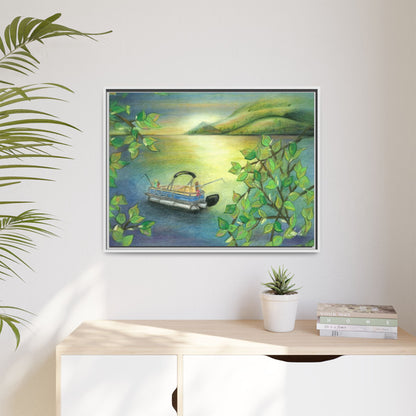 Pontoon Boat on Lake Framed Wall Art