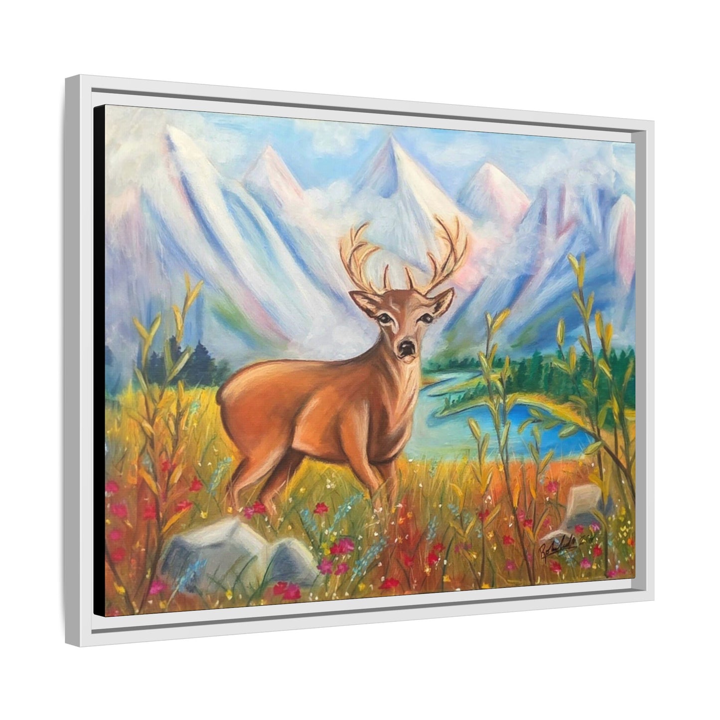 Framed Canvas Wall Art — Majestic Deer in Mountain Meadow