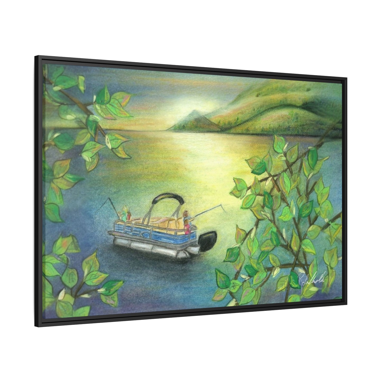 Pontoon Boat on Lake Framed Wall Art