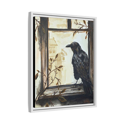 Framed Matte Canvas Print — Raven on Windowpane Wall Art