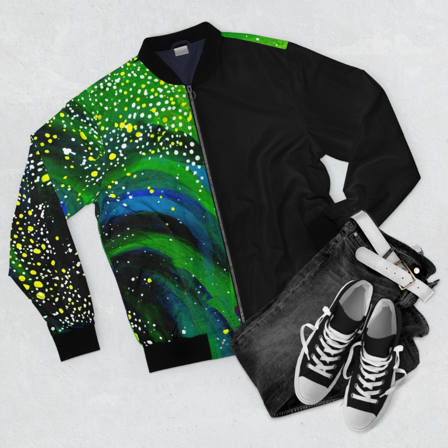 Galaxy Swirl Bomber Jacket — Green Nebula AOP Flight Jacket