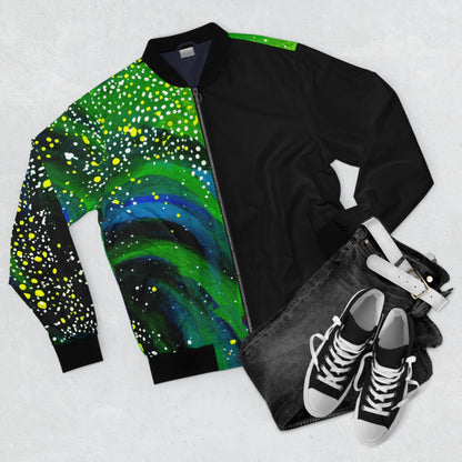 Galaxy Swirl Bomber Jacket — Green Nebula AOP Flight Jacket