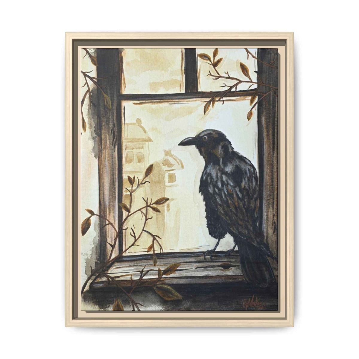 Framed Matte Canvas Print — Raven on Windowpane Wall Art
