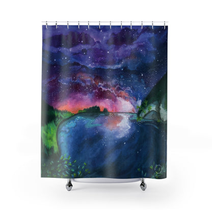 Galaxy Lake Shower Curtain — Aurora Night Sky Bathroom Decor