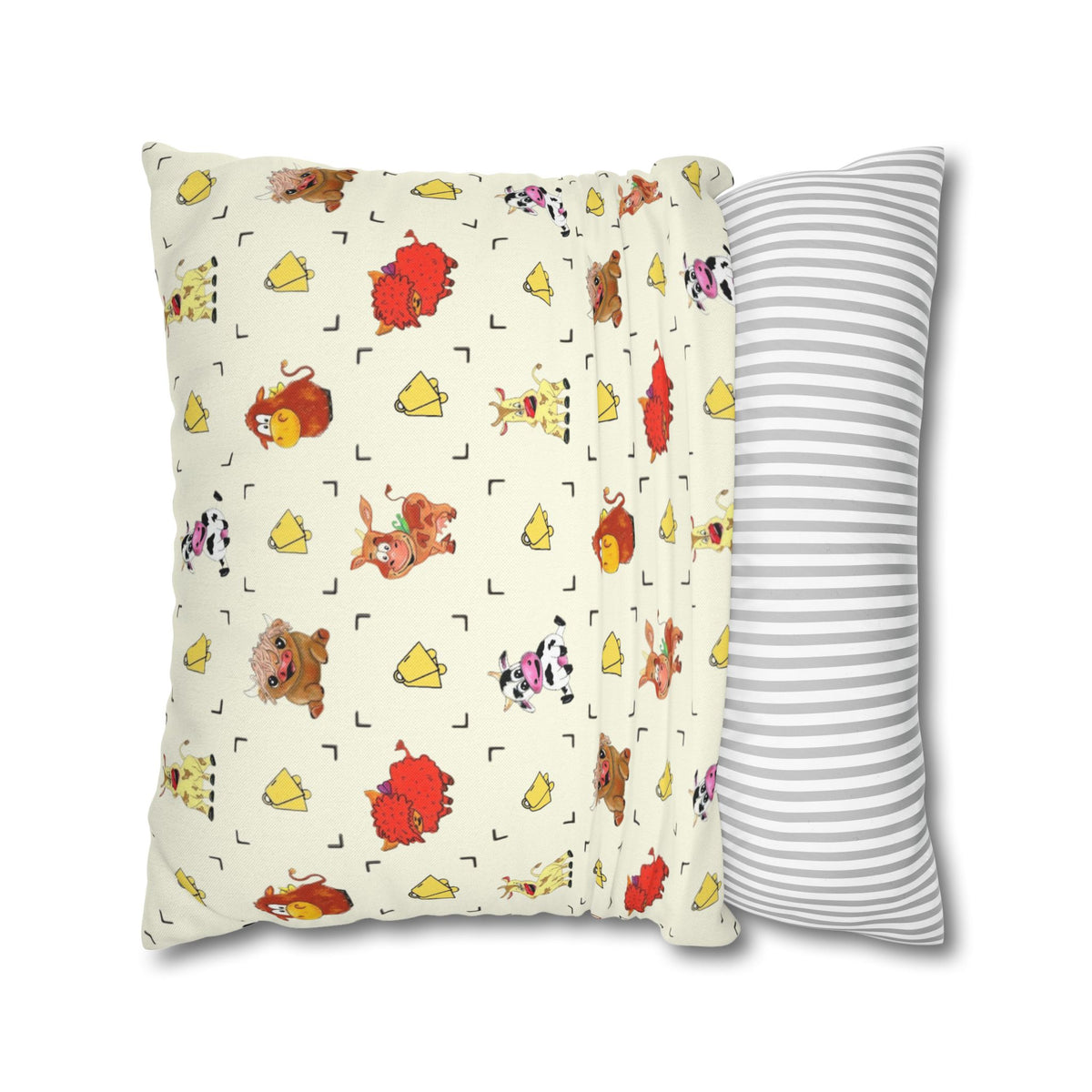 Cute Farm Animal Pattern Square Pillowcase – Whimsical Chick, Pig & Cow Throw Pillow Cover