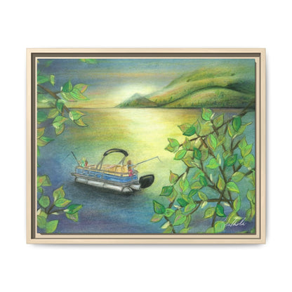 Pontoon Boat on Lake Framed Wall Art