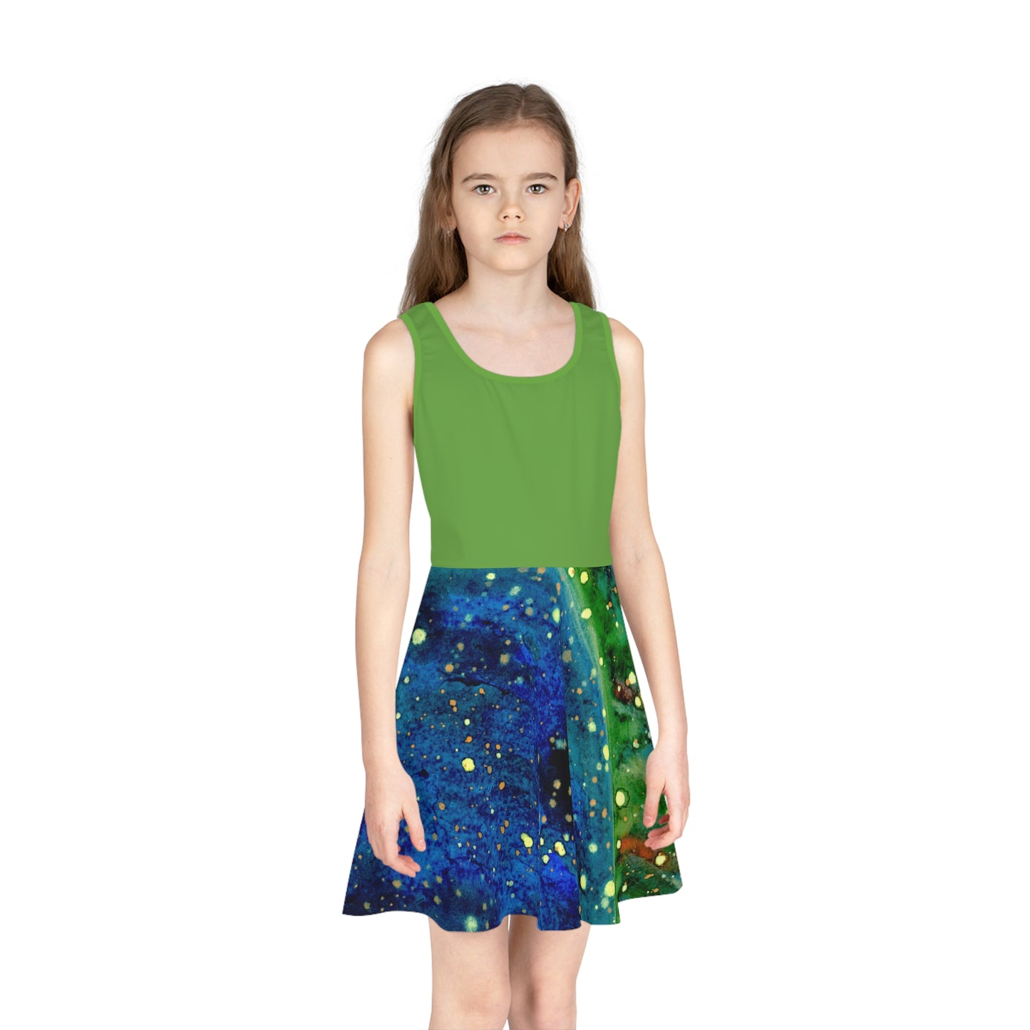 Green Top Blue Planet Galaxy Girls' Sleeveless Sundress (AOP)